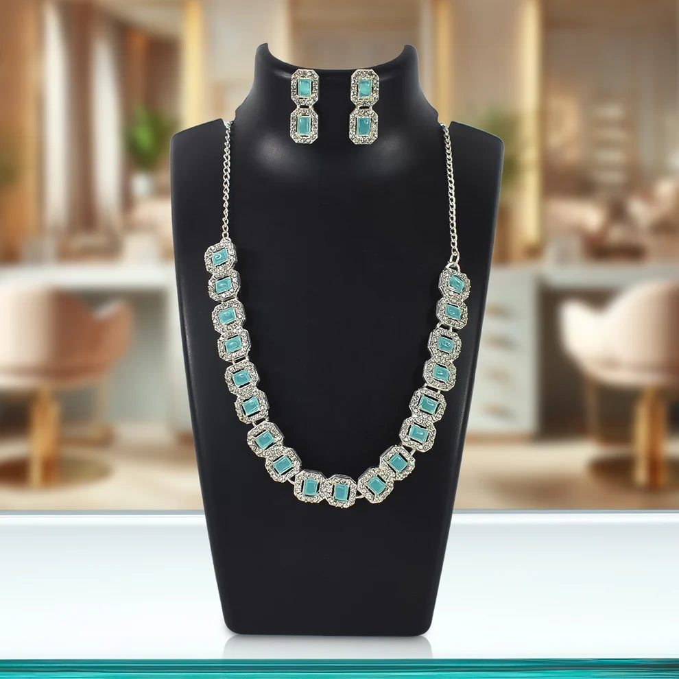 Aqua Stone Silver-Tone Necklace & Earrings Set