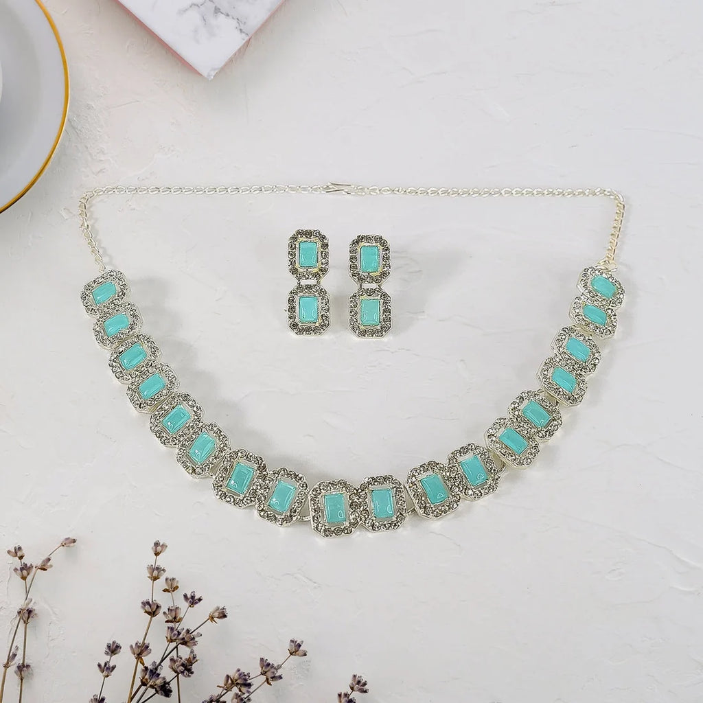 Aqua Stone Silver-Tone Necklace & Earrings Set