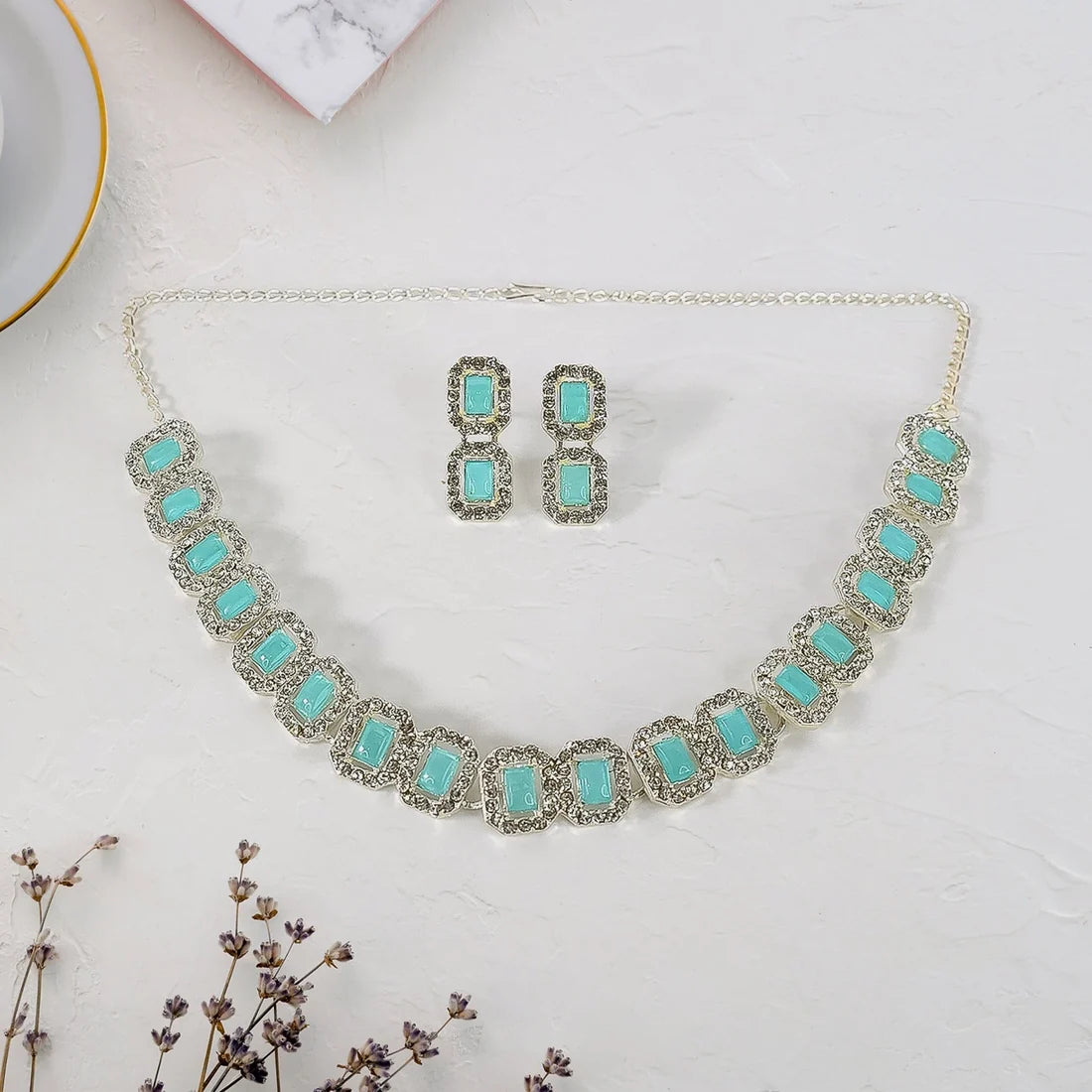 Aqua Stone Silver-Tone Necklace & Earrings Set