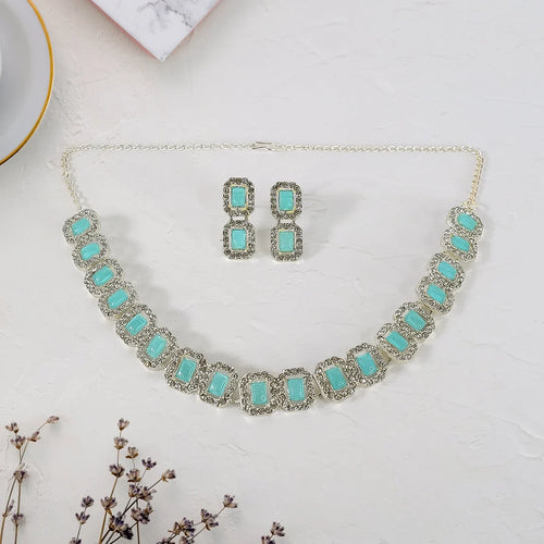 Aqua Stone Silver-Tone Necklace & Earrings Set