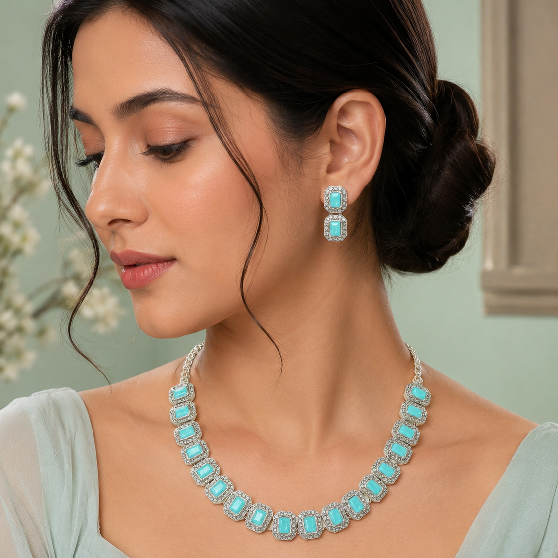 Aqua Stone Silver-Tone Necklace & Earrings Set