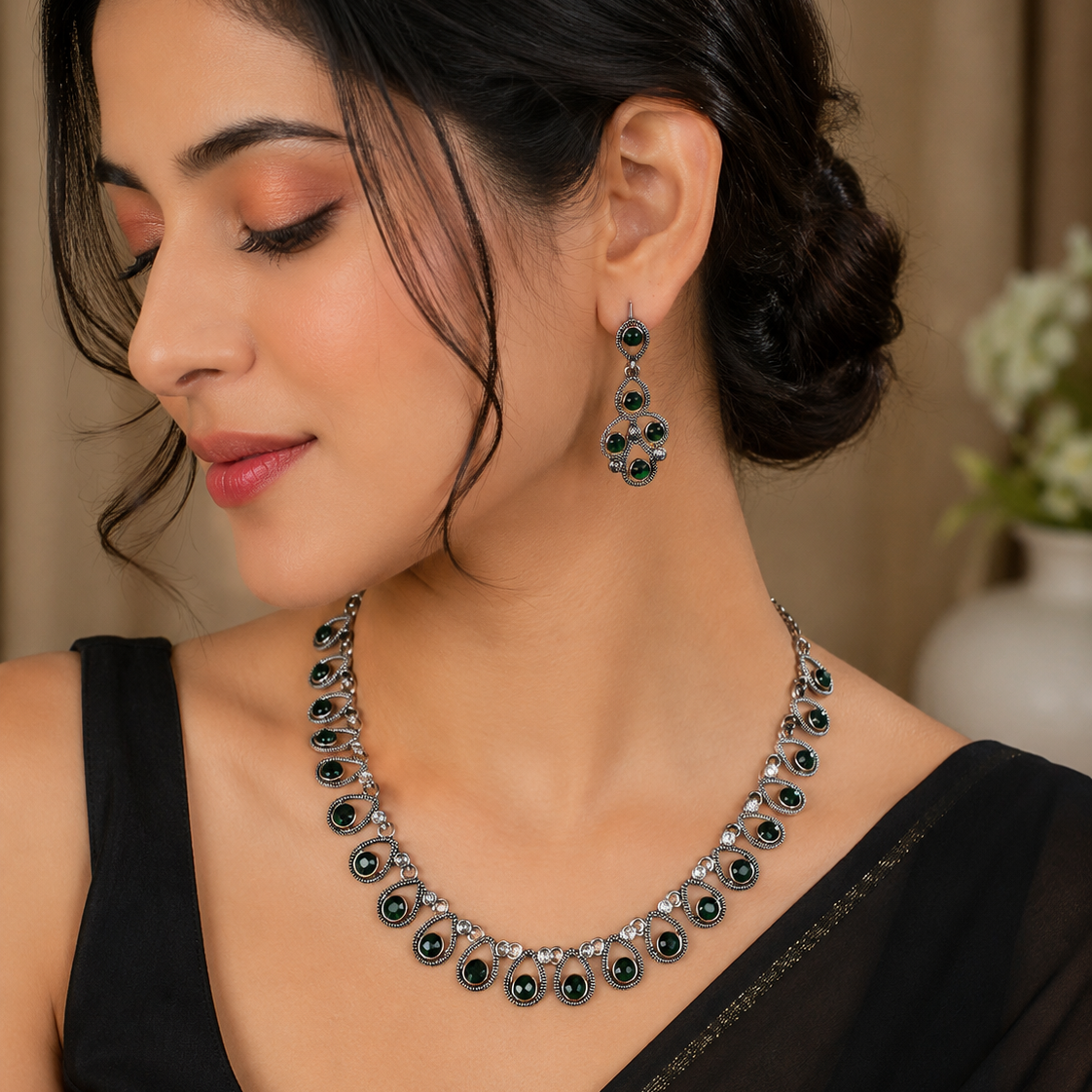 Emerald Green Stone Pearl Jewellery Set