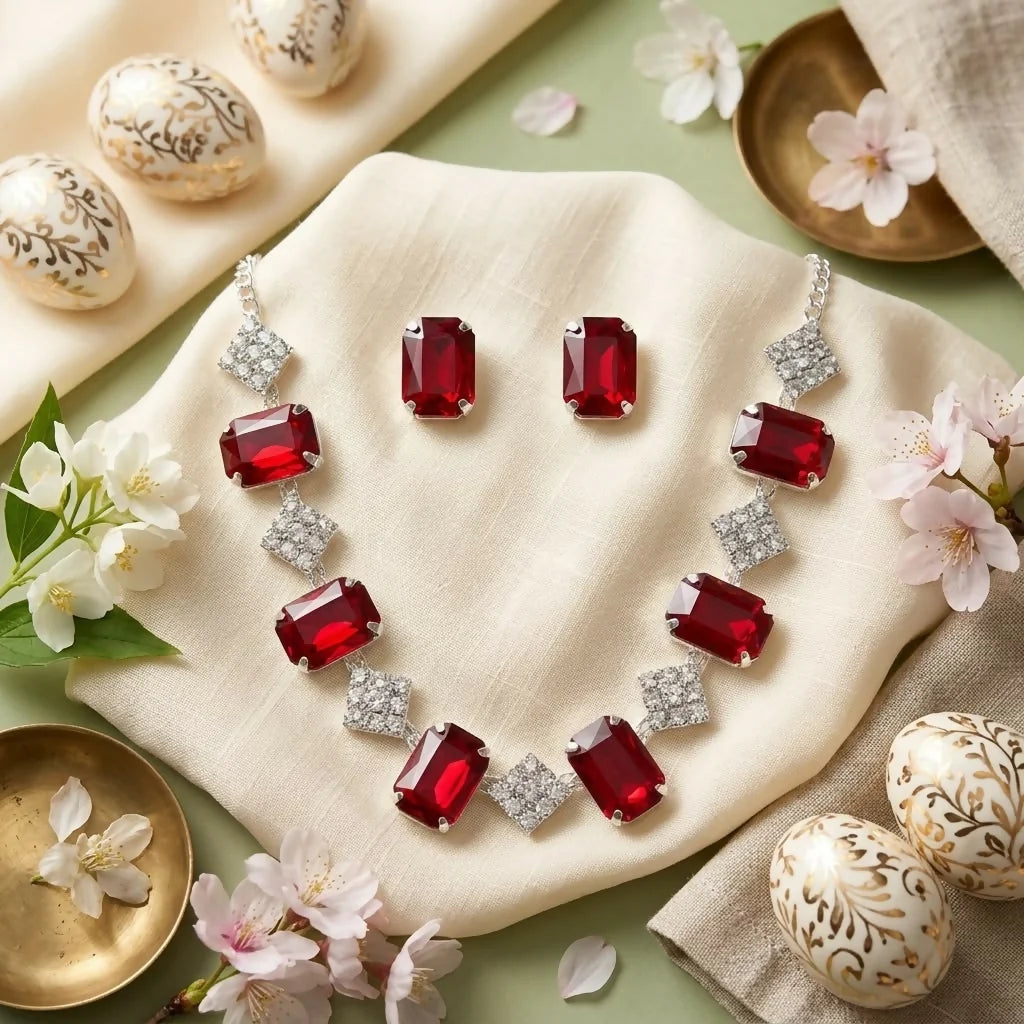 Ruby Red Stone Necklace & Earrings Set