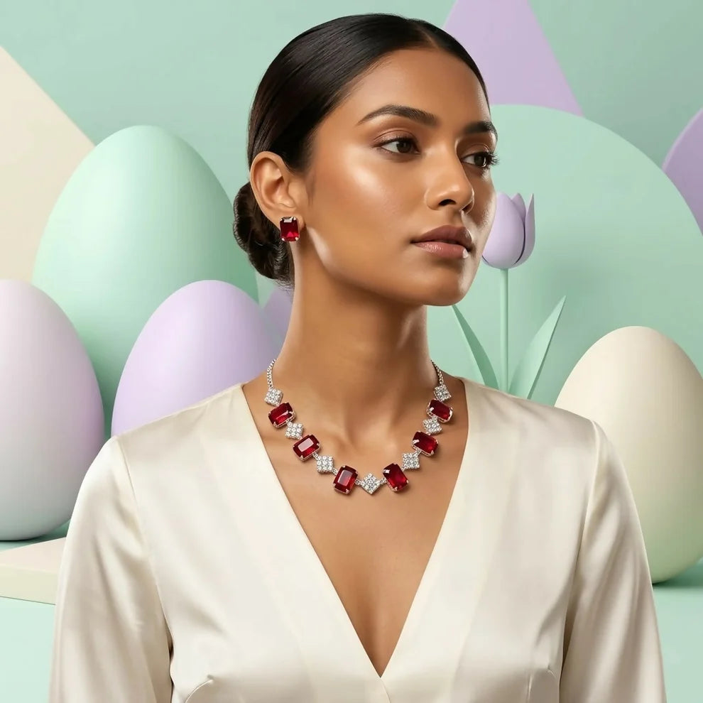 Ruby Red Stone Necklace & Earrings Set